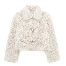 Abrigos de trinchera para mujer Invierno Mujeres Cálido Causla Chaqueta Ovejas Shearing Cowhorn Abrigo Botón Cordero Lana Femenina suelta Espesada Coreana Outerwear