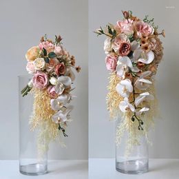 Wedding Flowers NZUK Vintage Orchids Rose Artificial Cascade Bouquet Decor Tear Drop Pink Peony Ramo De Novia