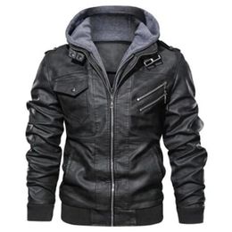 Men Hooded Leather Jackets Slim Casual Leather Coats Fashion Male Street Wear Motorcycle Leather Jackets Hat Detachable 5XL 231229