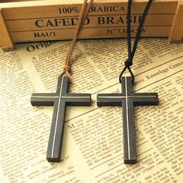 Solid wood cross pendant necklace vintage leather cord sweater chain Inlaid copper men women Jewellery handmade stylish Jesus Vintag2278