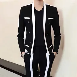Men's Suits Contrast Stripe Blalck White Suit Male Wedding Groom 2024 Autumn Winter Disguised Men Slim Fit Stage Outfit Mens Party