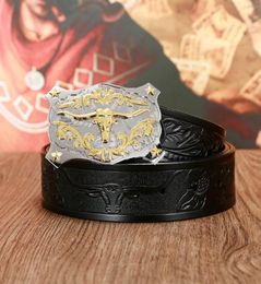 Western Cowboy Leather Belt Zinc Alloy Fighting Bull Head Attitude Buckle Men039s Gift Belts2230174