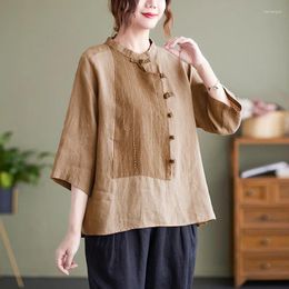 Women's Blouses Three Quarter Sleeve Cotton Linen Shirt Literary Retro Buttons Loose Fit Spring Summer 2024 Blouse Women Tops Blusas