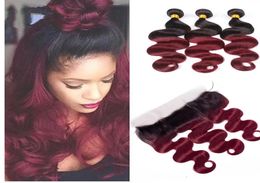 Malaysian Human Hair Wefts With 13X4 Lace Frontal Part 1B 99j Body Wave 3 Bundles With 13 By 4 Frontal Ear To Ear Lace Closur1288127