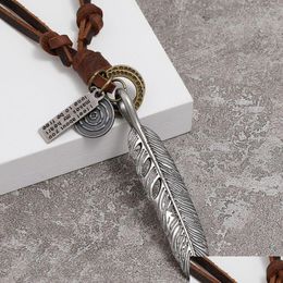 Pendant Necklaces Bird Feather Necklace Ancient Sier Letter Id Ring Charm Adjustable Chain Leather Necklaces For Women Men Punk Fashio Dhj1X