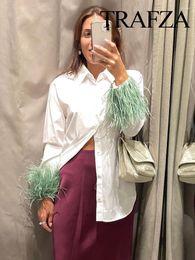 Women's Blouses TRAFZA 2024 Woman's Casual Shirts Trendy White Turn-Down Collar Long Sleeve Green Feather Decorate Single Breasted Female