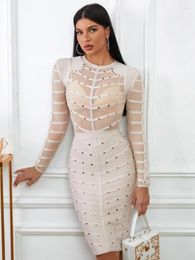 Casual Dresses BEAUKEY Sexy Beige Evening Rivet Studded Mesh Bandage Dress Women Perspective See Through Bodycon Long Sleeves XXL Vestido