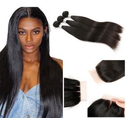 Straight Virgin Hair 3 Bundles With 44 Lace Closure 9A Brazilian Human Hair Weave Bundles With Silk Base Closure MiddleThre2559885
