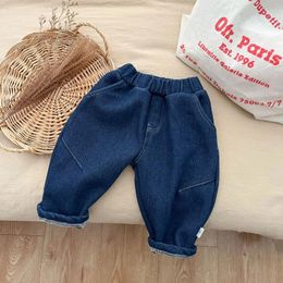 Trousers Korean Baby Boys Jeans 2024 Winter Denim Plus Velvet Thickened Infant Pants Loose Versatile Toddler