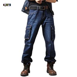 Idopy Men's Casual Motorcycle Workwear Multi Pockets Denim Biker Cargo Jeans Pants For Male Plus Size 240102