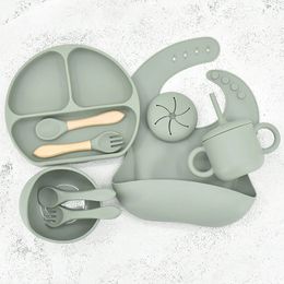 8/9/11pcs Baby Silicone Feeding Tableware Set Smile Sucker Plate Big Ear Water Cup Nipple Storage Bag Child Dishes BPA Free 240102