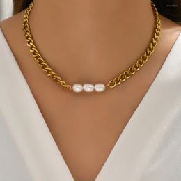 Choker Cuban European And American Style Men's Women's Thick Chains Baroque Freshwater Pearl Splicing Titanium Steel Necklace