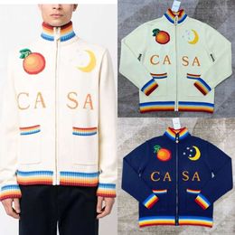 24ss Casablanca New Designer Sweater Coats Zippered Cardigan Loose Men and Women Wool Knitted Jackets Long Sleeved Embroidered Versatile Sweater Top Sport Outwear