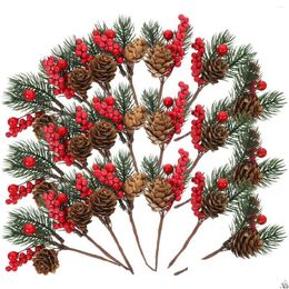 Decorative Flowers Wreaths 10 Pcs Artificial Pine Cone Flower Pick Red Berry Branches Xmas Tree Decorations Christmas Fall Gift Wood A Otx85