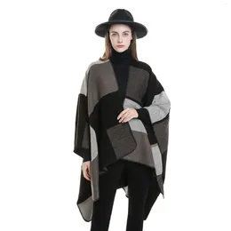 Scarves 6 Colors Autumn Plaid Printed Shawl Blanket Warm Faux Cashmere Loose Poncho Capes Women Long Split Out Streetwear Cloak