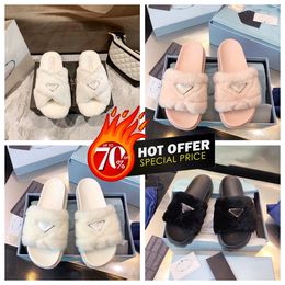 Luxury P Women with box fur slippers Sandals Flat Slides Flip Flops Triangle leather Outdoor Loafers Shoes Beachwear Slippers Black White summer shoes