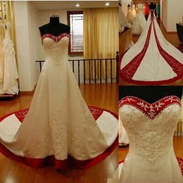 A Classic Line Embroidery Wedding Dresses Long Train Sweetheart Neck Corset Chapel Bridal Gowns Ivory And Dark Red Satin Bride Wear