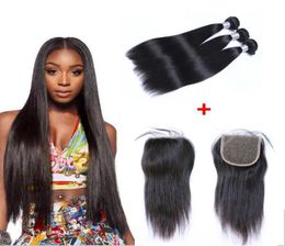 Brazilian Straight Human Virgin Hair Weaves With 4x4 Lace Closure Bleached Knots 100gpc Natural Black Color 1B Double Wefts Hair 6138954