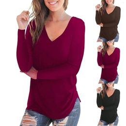 Women's T Shirts Spring Fashion Solid Colours Bottoming Shirt Casual Slimming V Neck Blouse Loose Comfortable Long Sleeved Top