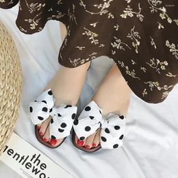 Slippers Beach Shoes Women Flax Summer Home Floor Cute Polka Dot Bowknot Flat Slides Female Linen Flip Flops Girls Sandals