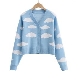 Women's Knits 2024 Fall Korean Cartoon Clouds Knitted Cardigan For Women V Neck Long Sleeve Loose Oversize Sweaters Tops Casual Blue Clothes