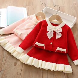 Clothing Sets Childrens Girls Sweater Autumn Bow Knot Knitting Princess Style Two Piece Set Striped Round Collar Button Decorate