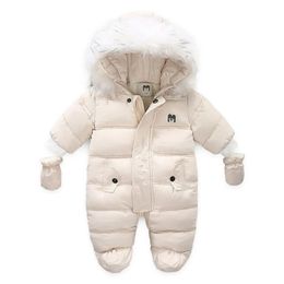 Coat Children Winter Jumpsuit Fur Hood Baby Girl Boy Snowsuit Russian Winter Infant Outerwear Ovealls Baby Thick Rompers with Gloves LJ