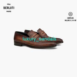 BERLUTI Men's Dress Shoes Leather Oxfords Shoes Berluti Andy Demesure Scritto Patterned Leather Loafers in Deep Cocoa Brown 080 HBYA