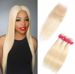 Brazilian 613 Blonde Virgin Hair 3 Bundles with Lace Closure Top Lace Closure and Bundles Silk Straight Hair Extension With Lace 5024422