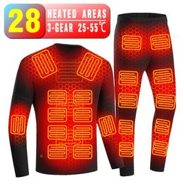 Winter 28 Areas Thermal Heated Underwear Ski Suit Heated Vest Men USB Electric Heating Jacket Clothing Fleece Thermal Long Johns 231229