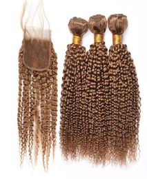 Honey Blonde Kinky Curly Human Hair Weave Bundles with Closure Pure 27 Kinky Curly Brazilian Virgin Hair 3 Bundles with 44 Lace 4593150