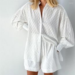 Women's Sleepwear Matching Set Jacquard Full Lantern Sleeve Shirt Pocket Shorts 2 Pieces Suit Pyjama Home Clothes Soft Outerwear