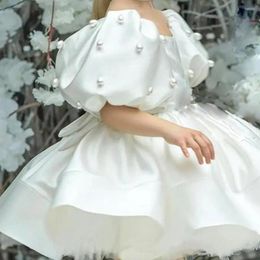 Girl Dresses 2024 White Flower Dress Layers Tulle Tutu With Puffy Sleeves Princess Child Party Birthday Gown