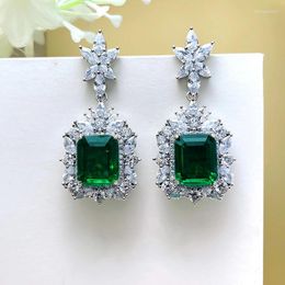 Dangle Earrings Huitan Brilliant Green Cubic Zircon For Women Aesthetic Flower Design Bridal Wedding Party Luxury Trendy Jewelry