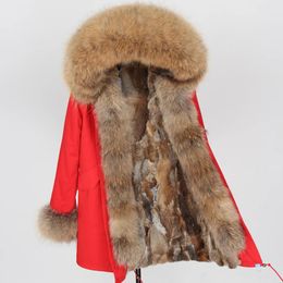 Jackets Winter Women Real Fur Coat Long Rabbit Fur Lining Hooded Parka Large Raccoon Fur Collar Thick Warm Jacket Star Same Style