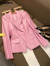 Lautaro Spring Stylish Short Pink Soft Pu Leather Blazer Long Sleeve Slim Fit Luxury Jackets for Women Elegant Fashion 5xl 231229