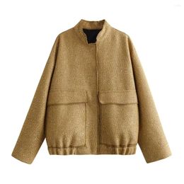 Women's Jackets Women Sequin Shinny Croped Jacket 2024 Vintage Female Autumn Stand Collar Long Sleeve Coat Gold Color Lady Chic Streetwear