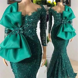 Party Dresses Designer Green Evening Beaded African Arabic Aso Ebi Prom Gowns Bow Lace Long Sleeves Robe Mermaid