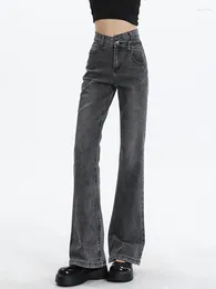 Women's Jeans Grey Flare Women Denim Pants Vintage Streetwear Spliced High Waisted Full Length Fashion Straight Slim Mop