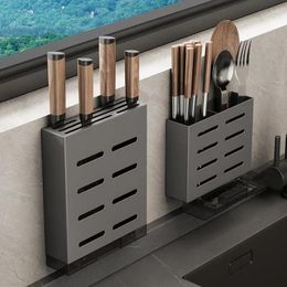 Kitchen Storage HOOKI Sh Stainless Steel Gun Grey Knife Rack Wall-Mounted Household Chopsticks Integrated D