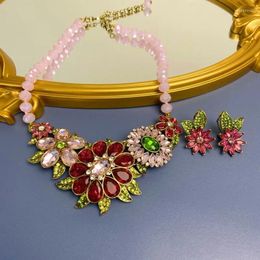 Chains Vintage Flower Rhinestone Heavy Industry Court Style Necklace Earrings With Colored Diamond