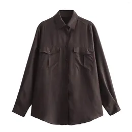 Women's Blouses Casual Dark Brown Shirts For Woman Lapel Single-Breasted Long Sleeves Woman's Loose Hem 2 Pockets Solid Shirt