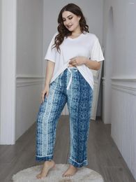 Women's Sleepwear Plus Size Pajamas Set Solid Short Sleeves V Neck Top & Long Wide Leg Pants 2 Pieces Casual Homewear Nightwear