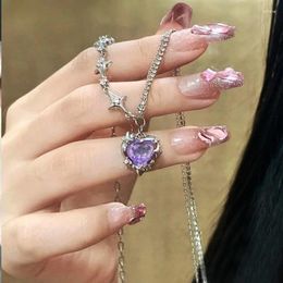 Pendant Necklaces Y2K Purple Crystal Heart Necklace Women Sweet Cool Girl Punk Clavicle Chain Fashion Aesthetic Jewellery Gift 2024