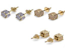 New Fashionv18K Real Gold Hip Hop CZ Zirconia Round Stud Earrings 07cm for Men Full Diamond Earring Studs Rapper Jewelry Gifts fo4598277