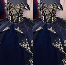 Gold Embroidered Horse Quinceanera Dresses 2023 Navy Blue Ball Gowns Off Shoulder Princess Layers Sweet 16 Dress Graduation Prom G2076587
