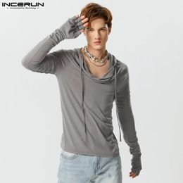 INCERUN Tops American Style Fashion Mens Swing Collar Hoodies Casual Male Solid Thimble Long Sleeved Pullover Sweater S-5XL 240102