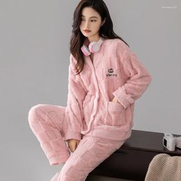 Women's Sleepwear Winter Pyjamas Polyester Long-sleeved Homewear Flannel Suit V-neck White Green Pink M L XL XXL