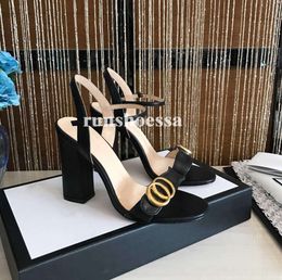 Classic High heeled sandals party 100% leather women Dance shoe designer sexy heels 10cm Suede Lady Metal Belt buckle Thick Heel shoes Woman Slides size 37