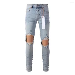 Men's Jeans 2024 Arrival Brand High Street Light Blue Denim Slim Fit Washed Damaged Destroyed Hole Stretch Solid